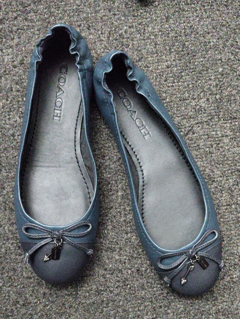 Coach Navy Leather Ballet Flats with Bow & Charm
